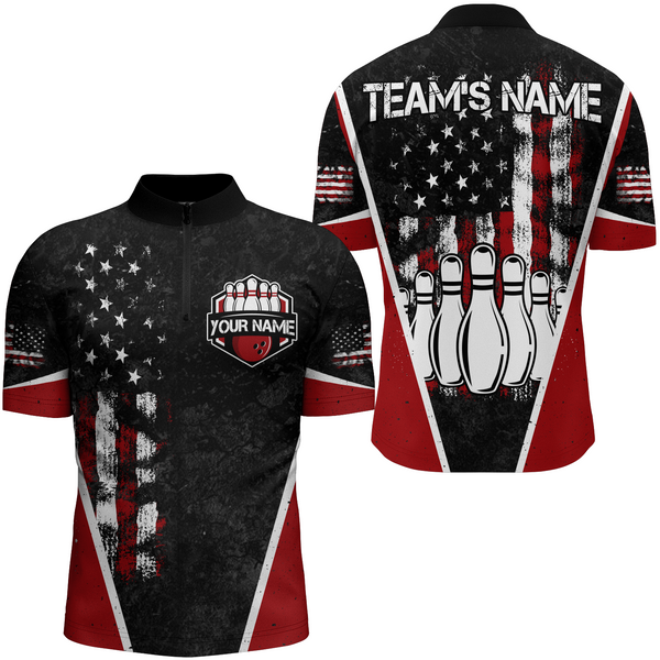 MaxCorners Bowling And Pins American Flag Pattern Customized Name, Team Name 3D Stand Collar Zipper Polo Shirt For Men