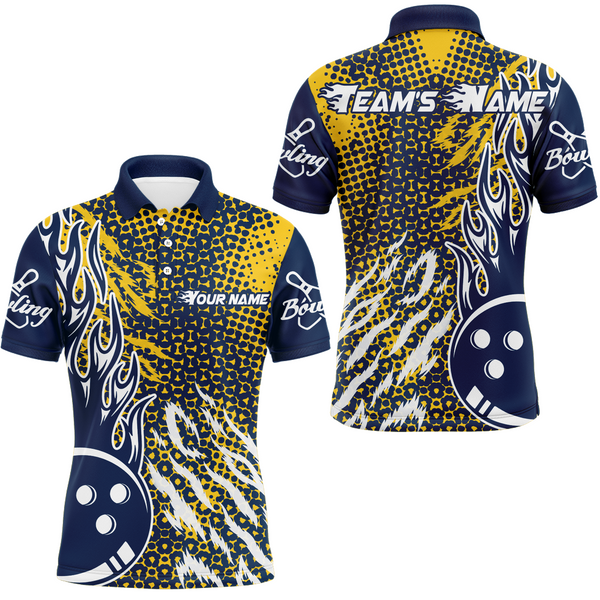 Maxcorners Yellow&Blue Bowling Ball Flame Pattern Customized Name And Team Name 3D Shirt