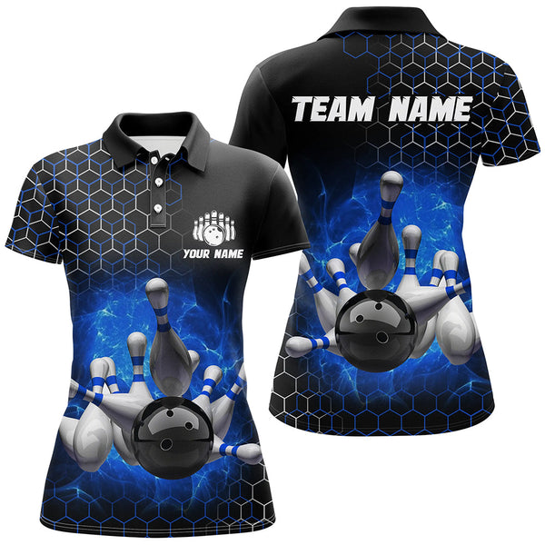 Maxcorners Bowling And Pins Blue Hexagon Pattern Customized Name, Team Name 3D Polo Shirt