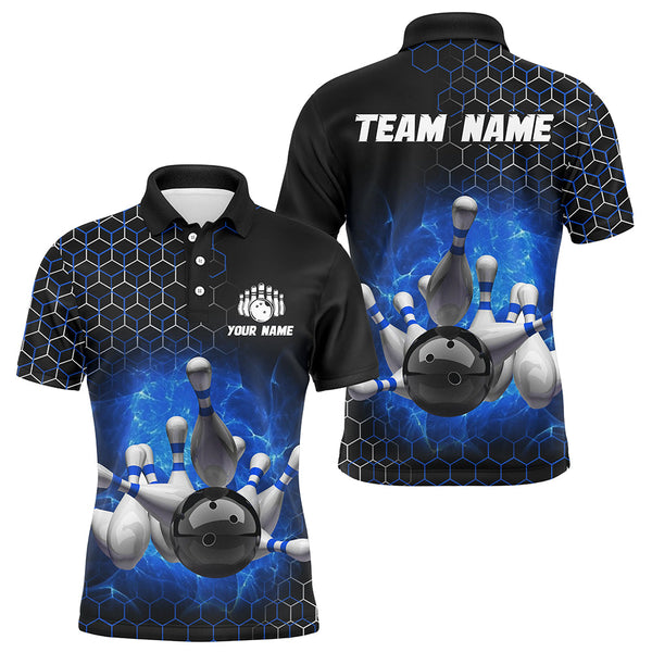 Maxcorners Bowling And Pins Blue Hexagon Pattern Customized Name, Team Name 3D Polo Shirt