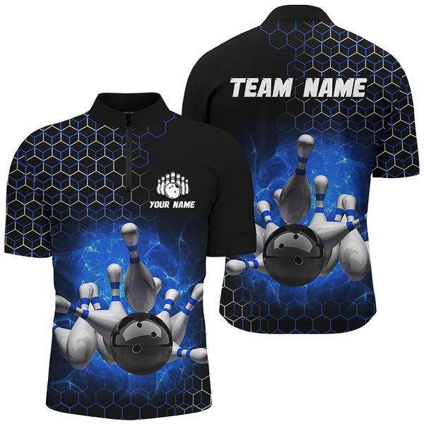 Maxcorners Bowling And Pins Blue Hexagon Pattern Customized Name, Team Name 3D Polo Shirt