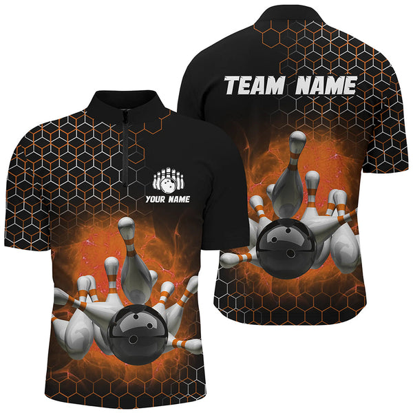 Maxcorners Bowling And Pins Orange Hexagon Pattern Customized Name, Team Name 3D Polo Shirt