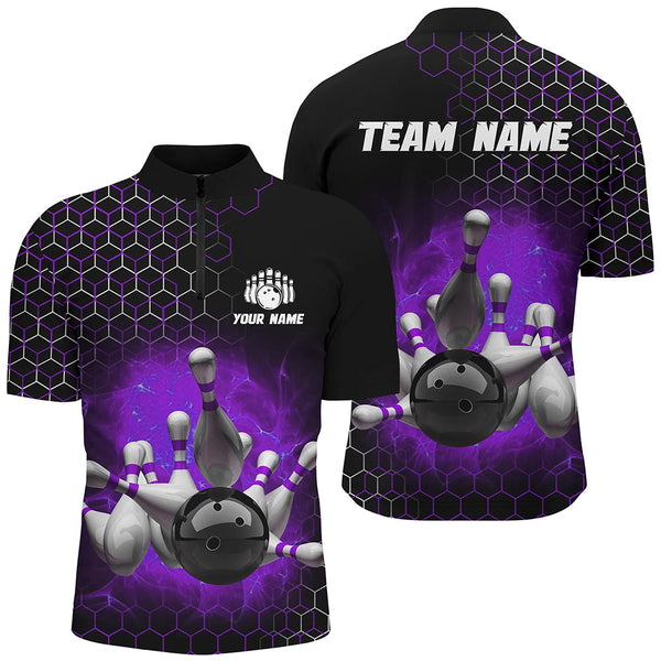 Maxcorners Bowling And Pins Purple Hexagon Pattern Customized Name, Team Name 3D Polo Shirt