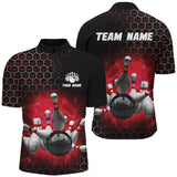 Maxcorners Bowling And Pins Red Hexagon Pattern Customized Name, Team Name 3D Polo Shirt