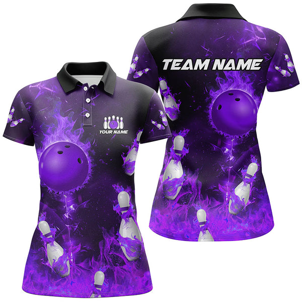 Maxcorners Bowling And Pins Purple Flame Customized Name, Team Name 3D Polo Shirt