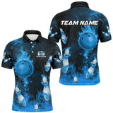 Maxcorners Bowling And Pins Blue Flame  Customized Name, Team Name 3D Polo Shirt