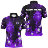 Maxcorners Bowling And Pins Purple Flame Customized Name, Team Name 3D Polo Shirt