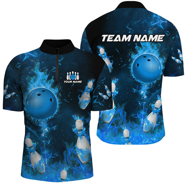 Maxcorners Bowling And Pins Blue Flame  Customized Name, Team Name 3D Polo Shirt