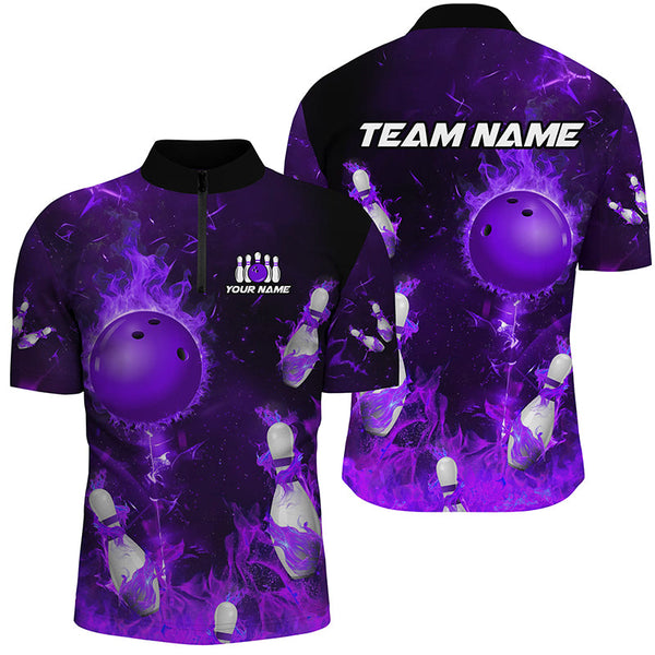 Maxcorners Bowling And Pins Purple Flame Customized Name, Team Name 3D Polo Shirt