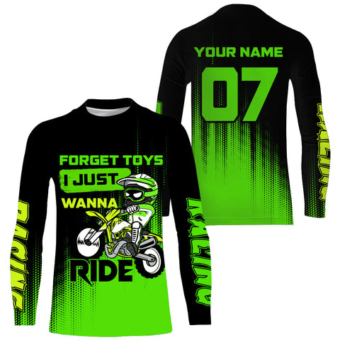 Youth Motocross Jersey UPF30+ Custom Green Dirt Bike Shirt For Boy Girl Forget Toys Just Wanna Ride