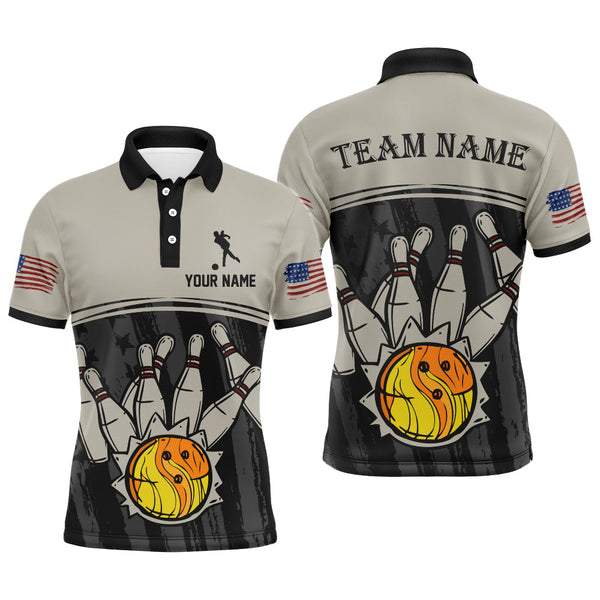 Maxcorners American Flag Bowling Jersey For Men Patriotic Bowling Shirt Team League Bowling Polo Shirt