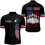 MaxCorners Bowling Ball And Pins American Flag Customized Name, Team Name 3D Stand Collar Zipper Polo Shirt