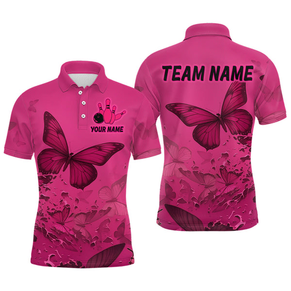 Maxcorners Pink Butterflies Bowling Shirts for Women Men Team Custom Bowling Polo and 1/4 Zip MT3107