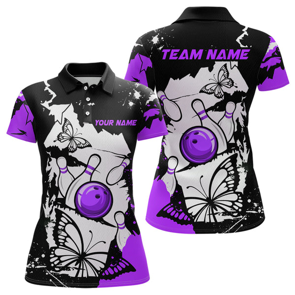 Maxcorners Custom Purple Butterflies Bowling Shirt for Men Women Team Bowling Polo&Quater Zip