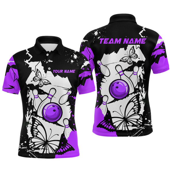 Maxcorners Custom Purple Butterflies Bowling Shirt for Men Women Team Bowling Polo&Quater Zip