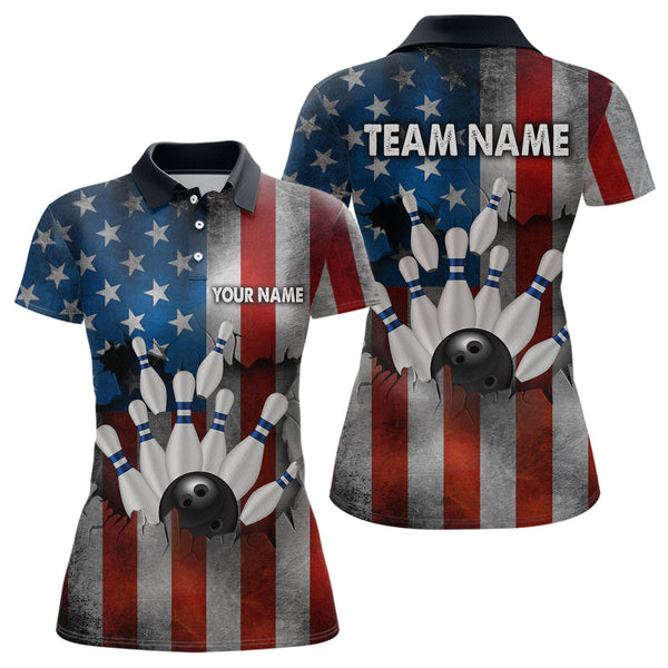 Maxcorners Custom American Flag Bowling Shirts for Men and Women Patriotic Bowling Polo& 1/4 Zip LM133