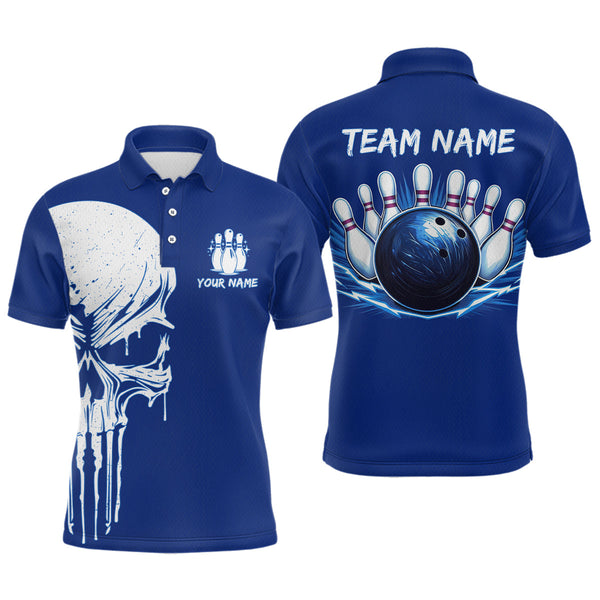 Maxcorners Custom Skull Bowling Shirt Blue Bowling Jersey for Men Women Team Polo&1/4 Zip