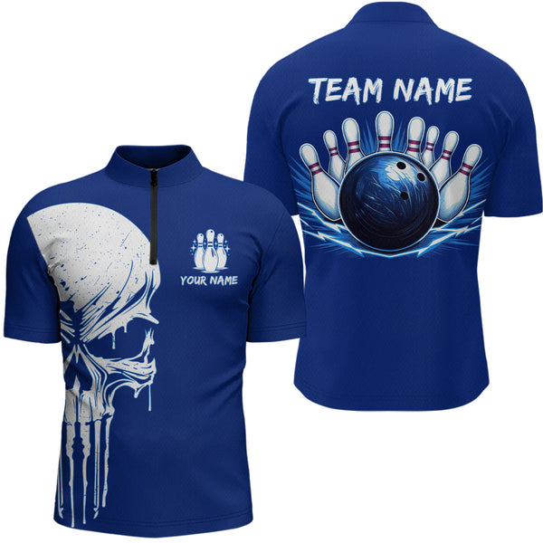 Maxcorners Custom Skull Bowling Shirt Blue Bowling Jersey for Men Women Team Polo&1/4 Zip