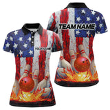 Maxcorners Fire American Flag Bowling Shirt Patriotic Bowling Jersey Men Women Team Polo&1/4 Zip