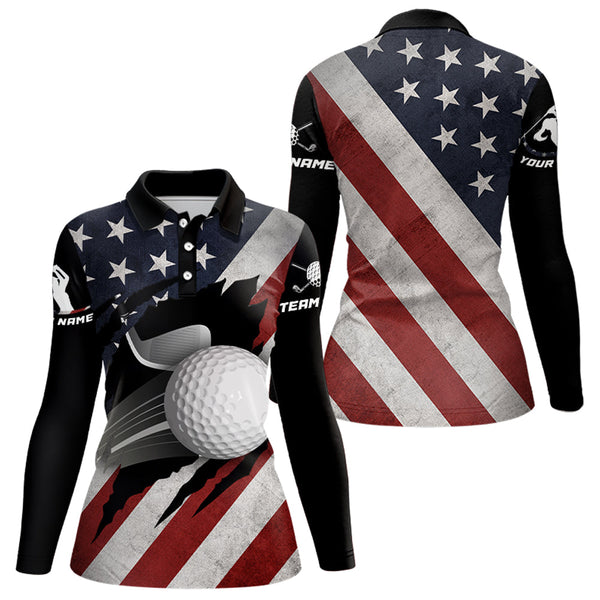 Maxcorners Retro Custom American Flag Golf Polo Shirt For Women Patriotic US Golf Polo Shirts