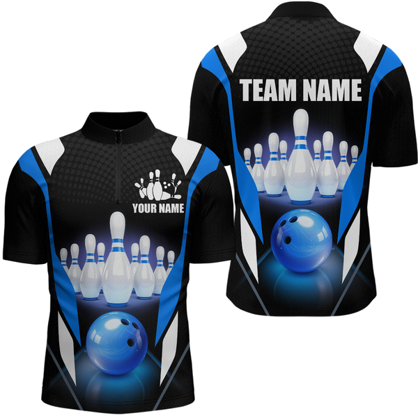 Maxcorners Blue Bowling Shirt for Men and Women Bowling Jersey with Team Bowling Polo & 1/4 Zip