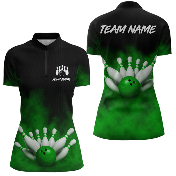 Maxcorners Green Smoke Bowling Shirts for Men Women Team Personalized Bowling Polo and Quarter Zip MT2108