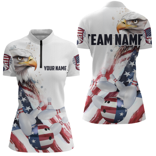 Maxcorners Patriotic Eagle Bowling Shirts Custom Bowling Polo Shirt Men Women American Flag Bowling