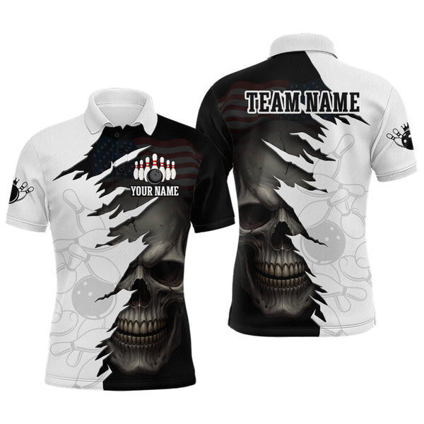 Maxcorners Custom Black White Skull Bowling Jersey for Men Bowling Polo & 1/4 Zip Bowling Team Shirts MT0708