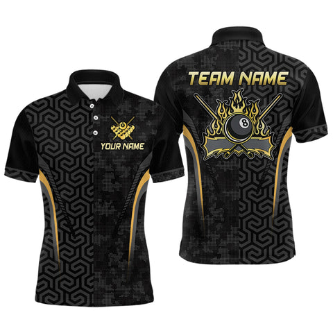 Maxcorners Custom Black Gold 8 Ball Flame Billiard Shirts for Men, Bowling Team Polo & 1/4 Zip Shirts MT1007