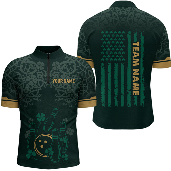 Maxcorners Custom Name St Patrick'S Day Us Flag Bowling Shirt Men Team Polo & 1/4 Zip Shirts Bowling Team