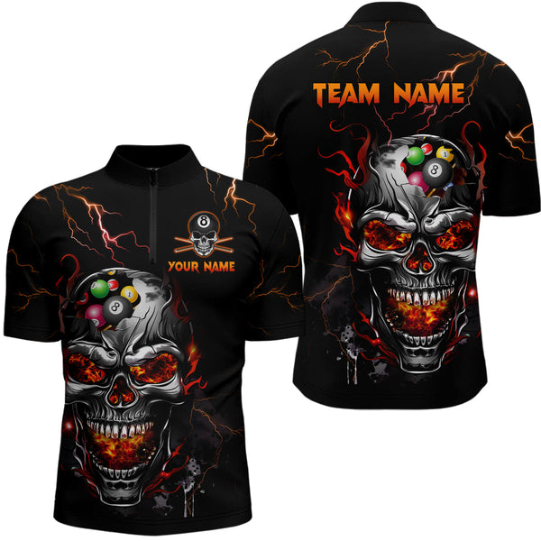 Maxcorners Personalized Thunder Skull Billiard Jerseys Men Polo & 1/4 Zip Shirt Funny Skull 8 Ball Pool Billiard For Men  And Women Team