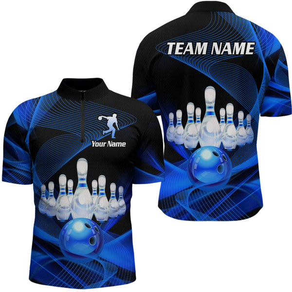 Maxcorners Blue Bowling Custom Men Bowling Shirt Polo & Quarter-Zip Bowling Team Jerseys LM283