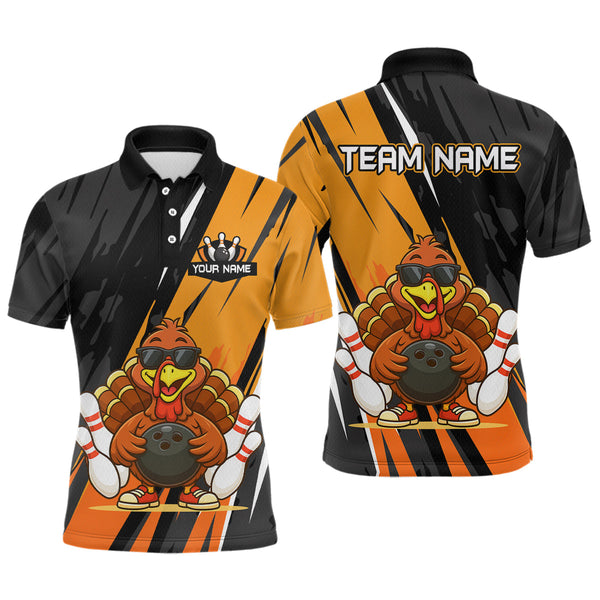 Maxcorners Custom Orange Funny Turkey Bowling Jersey for Men Polo & 1/4 Zip Thanksgiving Bowling Team Shirts MT2009