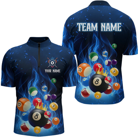 Maxcorners Personalized Blue Flaming Billiards Shirt 8 Ball Billiards Pool Billiard Shirt Men Polo Shirts & 1/4 Zip
