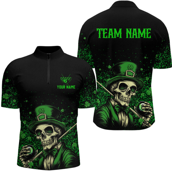 Maxcorners Personalized St Patrick Day Funny Skull Ball Billiards Shirt Men Polo & 1/4 Zip Shirts Billiard Team