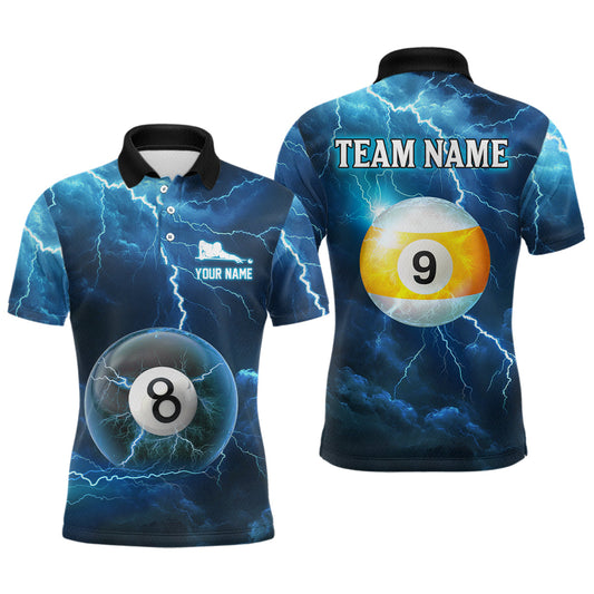 Maxcorners Blue Thunder 8 & 9 Ball Billiards Shirt Men Team Polo & 1/4 Zip Shirts Billiard Jersey LM2509