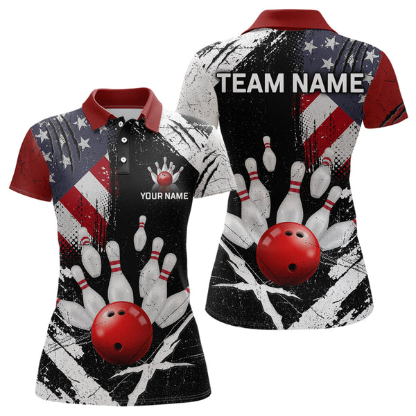Maxcorners Custom US Flag Bowling Shirts for Men Polo & Quarter-Zip Bowling Team Bowling League MT1706
