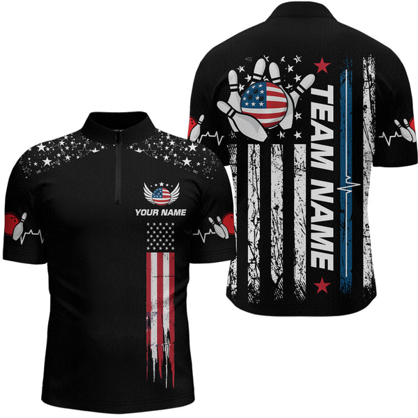Maxcorners American Flag Bowling Custom Men Bowling Shirt Polo & Quarter-Zip Bowling Team Jerseys LM014