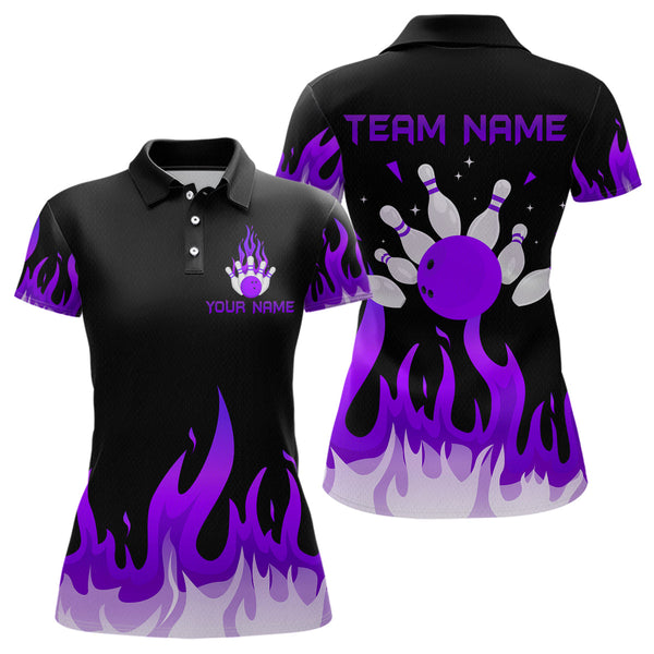 Maxcorners Custom Purple Flame Bowling Shirts for Men Polo & Quarter-Zip Bowling Team Jerseys MT1706