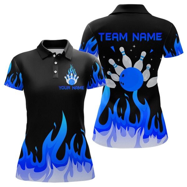Maxcorners Custom Blue Flame Bowling Shirts for Men Polo & Quarter-Zip Bowling Team Jerseys MT1706