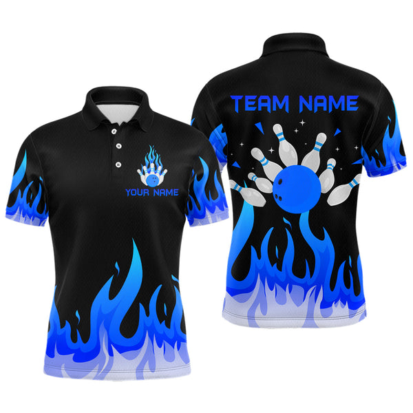 Maxcorners Custom Blue Flame Bowling Shirts for Men Polo & Quarter-Zip Bowling Team Jerseys MT1706