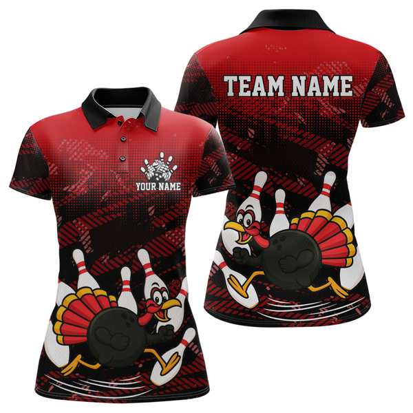 Maxcorners Custom Red Funny Turkey Bowling Jersey for Men Thanksgiving Bowling Team Shirts Polo & 1/4 Zip MT2009