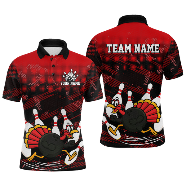 Maxcorners Custom Red Funny Turkey Bowling Jersey for Men Thanksgiving Bowling Team Shirts Polo & 1/4 Zip MT2009