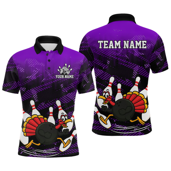 Maxcorners Custom Purple Funny Turkey Bowling Jersey for Men Thanksgiving Bowling Team Shirts Polo & 1/4 Zip MT2009