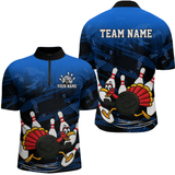 Maxcorners Custom Blue Funny Turkey Bowling Jersey for Men Thanksgiving Bowling Team Shirts Polo & 1/4 Zip MT2009