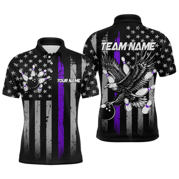 Maxcorners Custom Purple US Flag Eagle Bowling Jersey for Men Bowling Team Shirts Polo & 1/4 Zip LM1903