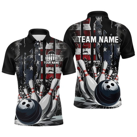 Maxcorners Custom Cracked US Flag Bowling Men Bowling Shirt Polo & Quarter-Zip Bowling Team Jerseys TU1906