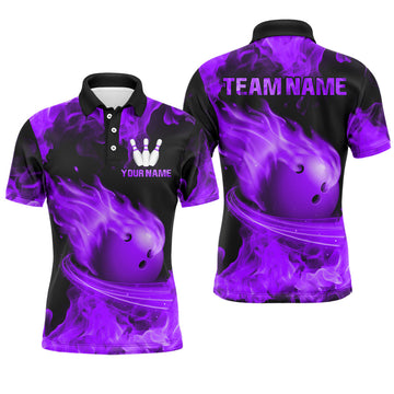 Maxcorners Purple Flame Bowling Jersey Men And Women Custom Bowling Shirts Unisex Polo Bowling Team Shirt