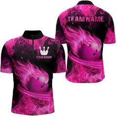 Maxcorners Pink Flame Bowling Jersey Men And Women Custom Bowling Shirts Unisex Polo Bowling Team Shirt