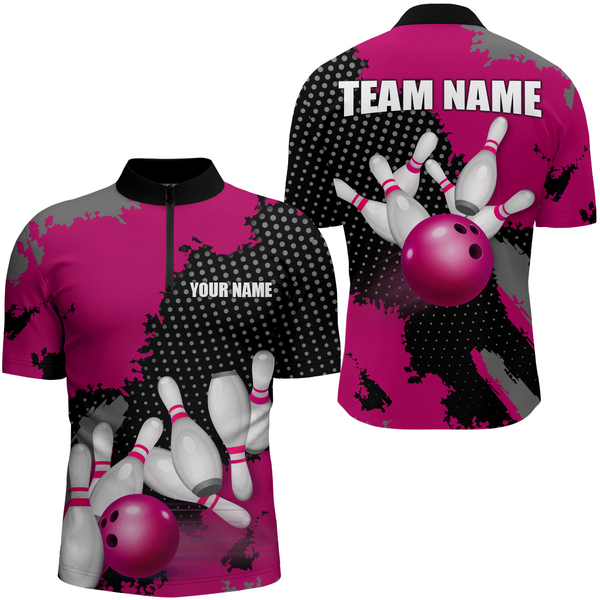 Maxcorners Pink Bowling Jersey Men Women Custom Bowling Team Shirts Unisex Bowling Polo Quarter-Zip